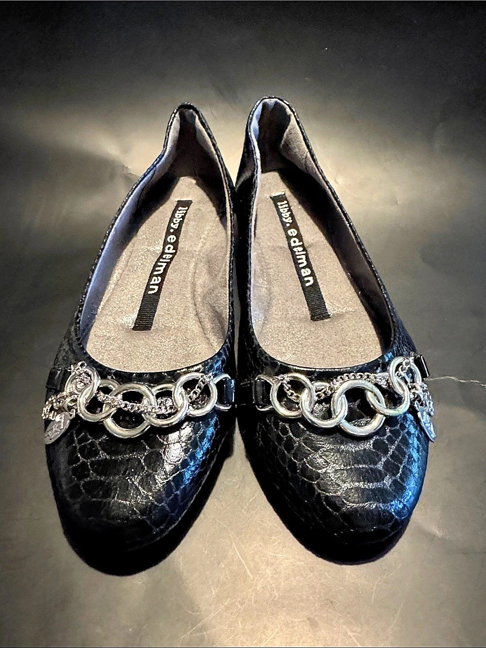 Libby Edelman Chain Detail Snakeskin Print Flats in Black Sz 9